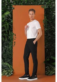 Resim Efor Comfort Fit Yandan Tokalı Çizgili Keten Casual Siyah Pantolon P 1151 Siyah 