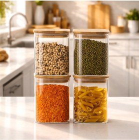 Resim Porsima 407 4lü Kare 900 Ml Bambu Vakumlu Kapaklı Cam Kavanoz Seti Saklama Kabı 10x12cm Şeffaf 