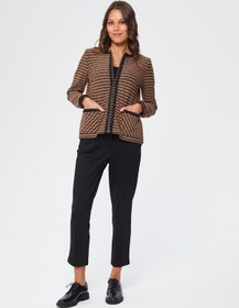Resim Şerit Detaylı Kazayağı Desen Örme Ceket 67191 U6719135 Camel 