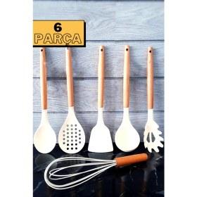 Resim ÖzSa Home 6 Parça Silikon Kepçe Kevgir Kaşık Çırpıcı Bambu Saplı Mutfak Servis Seti Takımı 