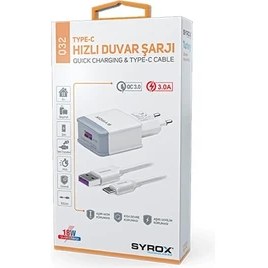Resim Syrox Syrox Q32 Hızlı Şarj Aleti Type-C Girişli 3.0A Beyaz 