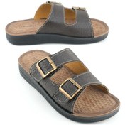 Resim Gezer Yazlık Erkek Suni Deri İki Toka Ayarlanabilir Rahat Taban Günlük Terlik Kahve Kahverengi 