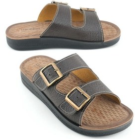 Resim Gezer Yazlık Erkek Suni Deri İki Toka Ayarlanabilir Rahat Taban Günlük Terlik Kahve Kahverengi 