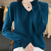 Resim [Her Gün Rahatlık] Kadınların Zarif V-Yaka Kazakları - Uzun Kollu, Düz Renk Üst, Orta Esneklikli Çok Yönlü Kazak, Rahat veya Şık Kıyafetler İçin İdeal 