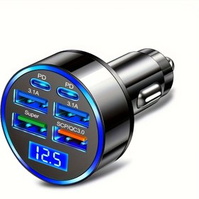 Resim 6'sı 1 Arada Hızlı Şarj Araba Adaptörü] Araba Şarj Cihazı Hızlı Şarj 2 PD ile 4 USB Dijital Ekranli Araba Hızlı Şarj Cihazı 7A QC3.0 Mobil Telefon Şarj Başlığı Araba Aksesuarları 