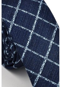 Resim Gaffy Mavi Kare ve Kırcıllı Desenli Lacivert Dokuma Kumaş Mendilli Slim Fit Kravat // Sdk230912 Lacivert - Mavi 