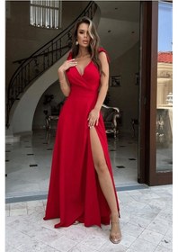 Resim Kadın Askılı Omuzdan Bağlamalı Kruvaze Yakalı Uzun Yırtmaçlı Janjan Krep Elbise Kırmızı 