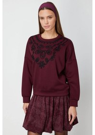 Resim On Fashion Kadın Yakası İşlemeli Bordo Sweatshirt 66357 Bordo 