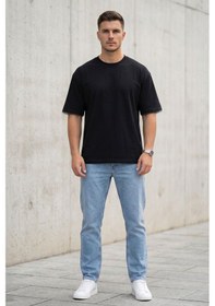 Resim Erkek Siyah Oversize Tişört Bisiklet Yaka Basic Rahat Kalıp Günlük T-shirt 