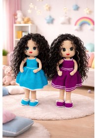 Resim Amigurumi Kız Bebek El Örgüsü, Sentetik Uzun Kıvırcık Saçlı Oyuncak Bebek Bordo 