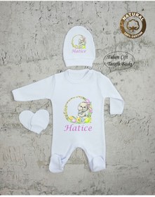Resim yzc home size dair... K102 T Isme Özel Isimli Baskılı Bebek Tulum Şapka Eldiven Set Hastane Çıkışı 