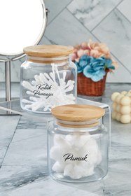 Resim FBZhome Cam Dekoratif Kapaklı Kulak Pamuğu Ve Pamuk Kavanozu 500 ml 