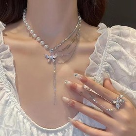 Resim 1 Set Lüks Paslanmaz Çelik İnci ve Zirkonya Kelebek Kolye ile Püskül, Hafif ve Zarif Tasarım, Kadınlar için, Parti ve Coşkulu Kutlamalar için Mükemmel, Yaz Koleksiyonu 