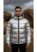 Resim Erkek Gümüş Renk Kapüşonlu Şişme Mont Su Geçirmez Parlak Kaban Gümüş 
