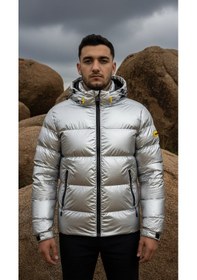 Resim Erkek Gümüş Renk Kapüşonlu Şişme Mont Su Geçirmez Parlak Kaban Gümüş 