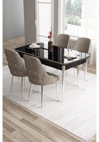 Resim Canisa Tia Serisi 80x132 Mdf Açılabilir Siyah Mermer Desen Krom Detay Masa Takımı Ve 4 Cappucino Sandalye Masa Siyah Mermer Desen Sandalye Cappucino 