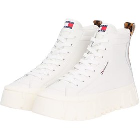 Resim Tommy Hilfiger Kadın Leopar Detaylı Platform Tabanlı Bilekli Sneaker - Ekru 