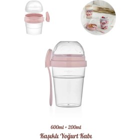 Resim Taşınabilir Kaşıklı Yoğurt Kabı - 600 ml + 200 ml Saklama Haznesi - Pratik Taşınabilir Beslenme Kabı 