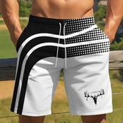 Resim Erkekler için Hızlı Kuruyan Yüzme Şortları Elastik Bel Bandı ile - Nefes Alabilen Polyester, Siyah ve Beyaz Geometrik Baskı, Yaz Plajı ve Dış Mekan Spor Şortları, Günlük Atletik Tarz, Açık Hava Rahatlığı Şortları | Modern Yüzme Şortları | Esnek Mayo 