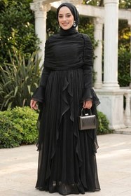 Resim N.S NEVA STYLE - Fırfır Detaylı Siyah Tesettür Abiye Elbise 53981S 