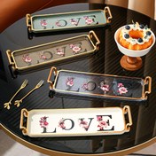 Resim 1 Adet Nordik Çiçekli LOVE Tasarımlı Lüks Servis Tepsisi - Altın Çerçeve, Yeşil/Siyah/Beyaz Seçenekleri, Dayanıklı PS Malzeme, Mutfak, Yemek Masası Dekoru, Modern Estetik, Polistren Yapısı, Metalik Çerçeveli 