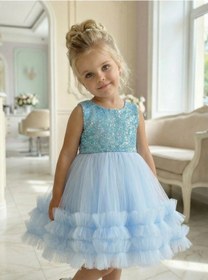Resim Butikhappykids Kız Çocuk Mavi Payetli Volanlı Tüllü Prenses Abiye Elbise 1-6 Yaş Mavi 