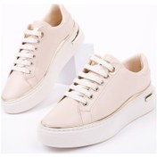 Resim Muggo Svetlana İnce Şerit Detaylı Bağcıklı Günlük Kadın Sneaker Spor Ayakkabı Bej 