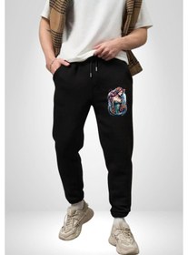 Resim Deniz Kızı Çiçek Pamuklu 3 İplik Siyah Eşofman Altı Erkek Oversize Kesim Dijital Baskılı Siyah 