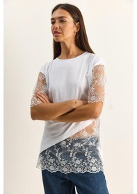 Resim Shade Kadın Bisiklet Yaka Dantel Garnili Asimetrik Kesim Relaxed Fit T-shirt 2225 60286125 - Beyaz 
