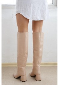 Resim Shoetek Carina Kadın Çizme Kalın Topuklu Bej Deri Bej Cilt 