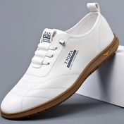 Resim Erkekler için Slip-On Loafers - Beyaz Renkli ve Kahverengi Detaylarla, Dayanıklı Kaymaz Taban, Elastik Bağcıklar, Rahat ve Dış Mekan Kıyafeti, Rahat Ayakkabılar | Zarif Loafers | Kauçuk Tabanlı Loafers 