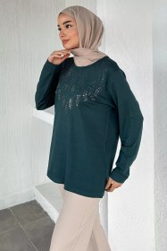 Resim Taşlı Tesettür Anne Penye Bluz Petrol TZL-P-00021461 