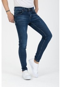 Resim Onezero Erkek Mavi Destroy Skinnyfit Likralı Jean Kot Pantolon Mavi 