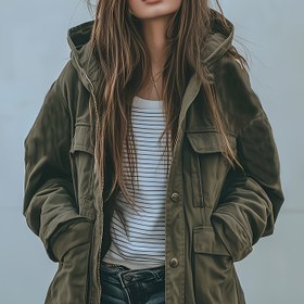 Resim Kadınlar İçin Ağır Hizmet Tipi Kapüşonlu Ceket - Tüm Mevsimler İnce Kışlık Kalın Mont, Çok Cepli Zeytin Yeşili İş Şapkalı, İnceltilebilir Bel ve Ayarlanabilir Başlıklı İstilik Dış Giyim (Makinede Yıkanabilir) 