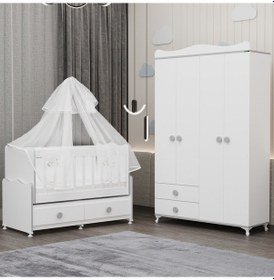 Resim Elegant Beşik Ve Yıldız 4 Kapaklı Dolap Yatak Uykuseti - Gri Beyaz 