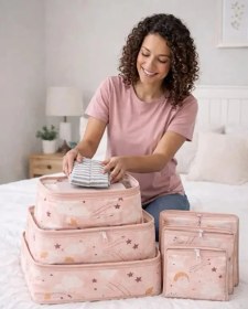 Resim Lüx 7li Set I 6'lı Set Desenli Bavul Valiz Içi Çok Amaçlı Organizer I Taşınabilir Bakım Çantası 2 Li Set Pembe 