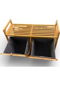 Resim Bambu Çamaşırlık - 2 Kapaklı Kirli Çamaşır Sepeti Çift Gözlü Demonte Açık Kahverengi 