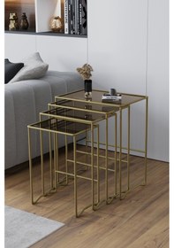 Resim Faymend Mimoza 4 Lü Zigon Sehpa, Metal Sehpa, Cam Sehpa 'gold - Bronz' Eskitme Gold - Bronz Cam 