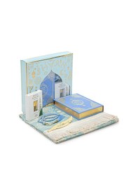 Resim Almanca Mealli Medine Hatlı Kuranı Kerim Ve Seccade Seti Mavi 