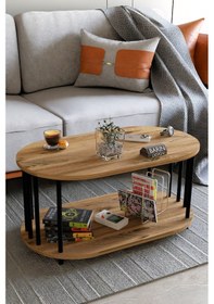 Resim Modern Oval Orta Sehpa Çift Katlı Metal Ayaklı Salon, Ofis, Dekoratif Sehpa, Kahve Sehpası Atlantik Çam 