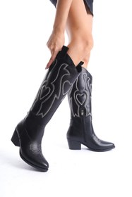 Resim Bak Store Siyah Cilt Deri Beyaz Kalp Nakışlı Kovboy Fermuarlı Western Kadın Çizme 