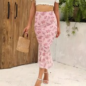 Resim Kadınlar için Şık Çiçek Baskılı Yüksek Bel Midi Etek - Hafif Polyester, Fırfırlı Etek Kenarı, İlkbahar/Yaz Modası için Mükemmel 