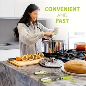 Resim Yeşil Saplı 5 Katmanlı Paslanmaz Çelik Mutfak Makası - Barbekü ve İç Mekan Kullanımı için Çok Yönlü Soğan & Ot Parçalayıcı - Koruyucu Kapaklı Dayanıklı, Güvenli Tasarım & Dahili Temizleyici ile - Yeşil Soğan, K 