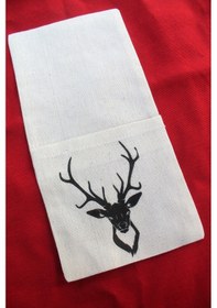 Resim Yılbaşı 6 Adet Dekoratif Keten Geyik Kafası Baskılı Kaşıklık Krem 