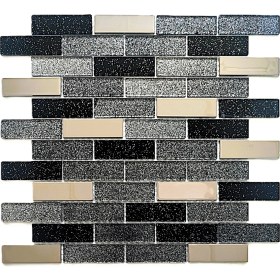 Resim Mutfak Tezgah Arası ve Iç Dekorasyon Için 23X73X4MM. Simli Siyah Gümüş Krom Mix. 30X30CM. Fileli Kristal Cam Mozaik. (11 File Karo = 1 M2 Fiyatıdır ) 