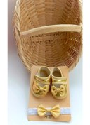 Resim Kız Bebek Dore Altın Rengi Parlak Fiyonklu Patik Ve Bandana Set Altın 