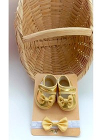 Resim Kız Bebek Dore Altın Rengi Parlak Fiyonklu Patik Ve Bandana Set Altın 
