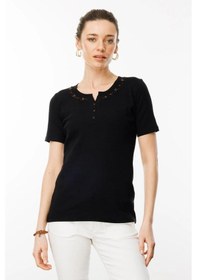 Resim Desen Triko Kadın Açma Yaka Boncuk İşlemeli T-shirt 24754 Siyah Siyah 