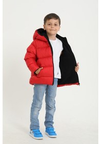Resim First Steps Erkek Çocuk Kırmızı İçi Polarlı Kapüşonlu Su Geçirmez Rüzgara Dayanıklı Cepli Şişme Kışlık Mont Kırmızı 