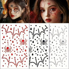 Resim 1 Halloween Parlak Simli Sentetik Taş Yüz Sticker'ı | Parti ve Sahte Makyaj Dekoru, Kızıl/Beyaz ya da Mavi Renk Seçenegi, 3 Farklı Renginde, Şık Görünüm ikonlarıyla Süslenmiş Tasarım. Parfüm Etkisi yüzeysel parlak, Çabuk Uygulama Kolaylığı, İzleyici Aksesuar 